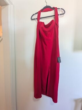 Lulu's Red Halter Midi Dress with Front Slit
